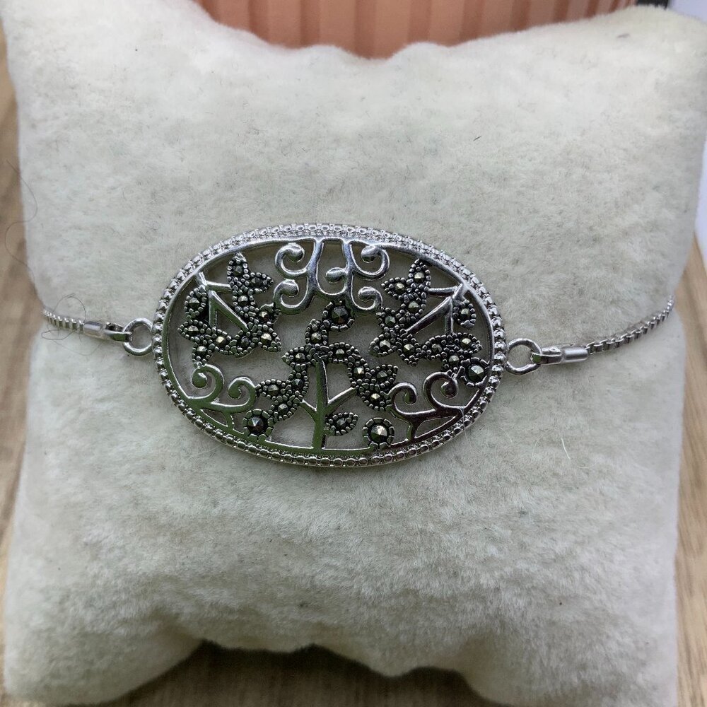 IBB CN Marcasite Floral Silver Tone Adjustable Slide Bracelet